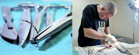 closeup of image of surgerical instruments on the left and Dr. Pendleton performing surgery on the right side